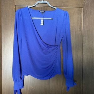 Blue wrap front long sleeve top